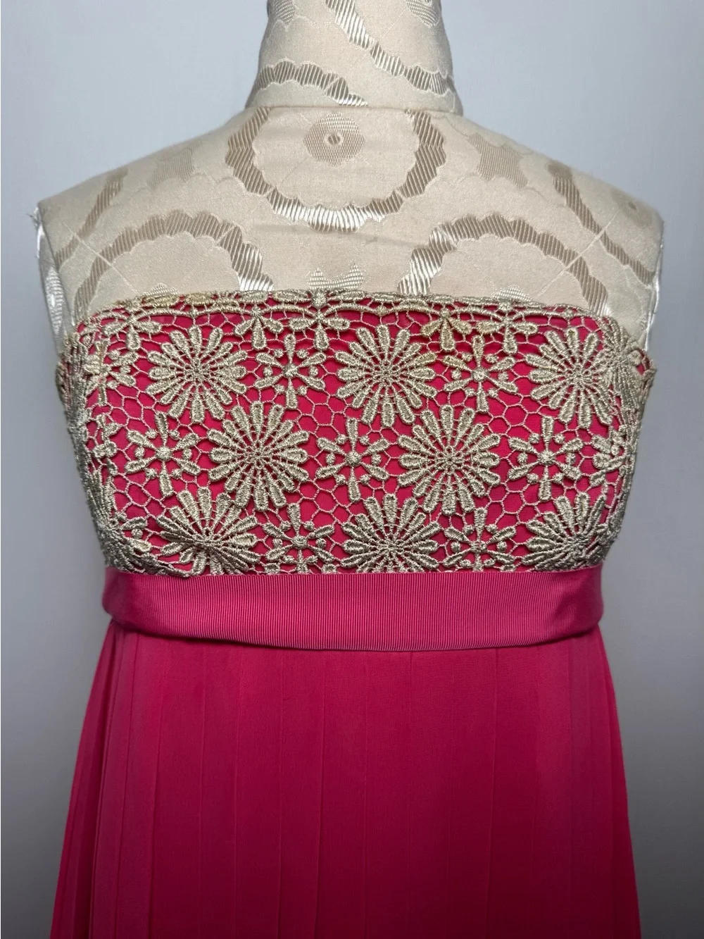 Lilly Pulitzer Pink Pleated Strapless Gold Lace Formal Gown Sz S - Picture 5 of 16
